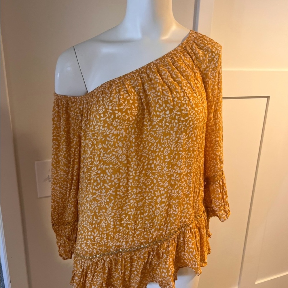 Democracy Mustard Floral One-Shoulder Blouse